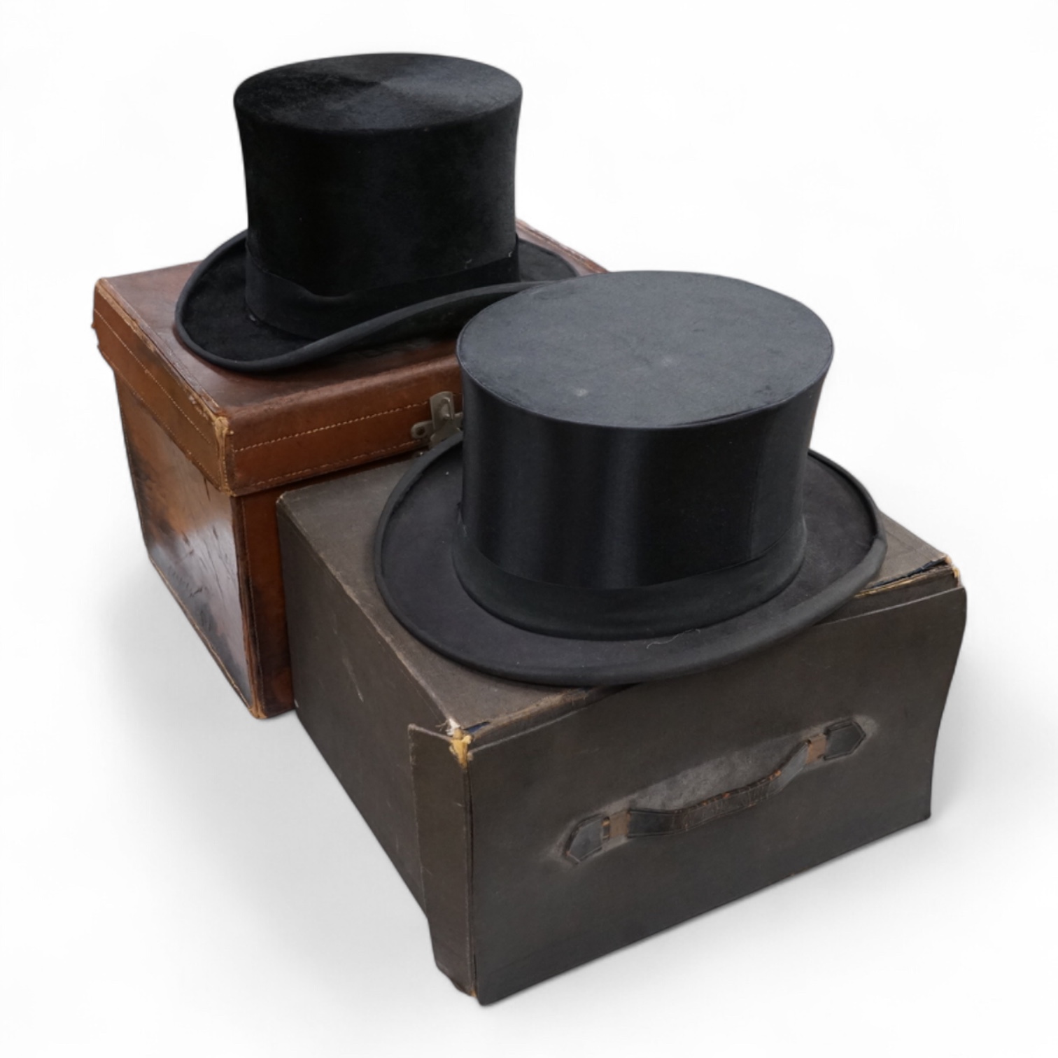 A Scott & Co. top hat with brush in leather case, together with a cased opera hat.